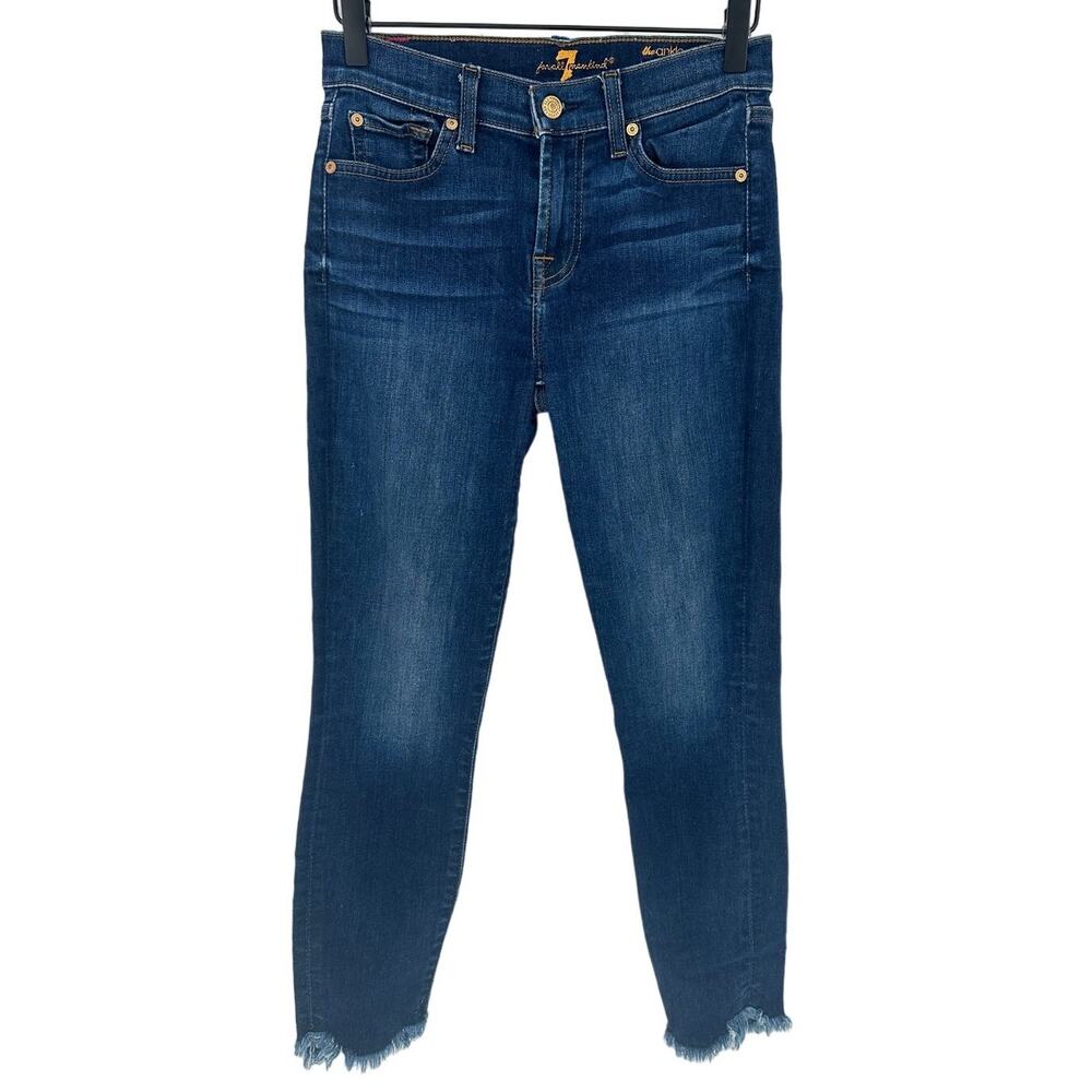 7 For All Mankind Size 26 The Ankle Skinny Jeans Blue Dark Wash Raw Hem Casual